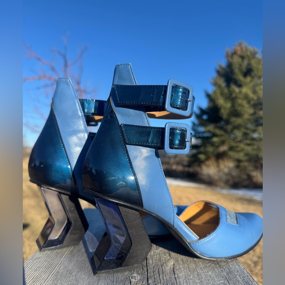 John Fluevog Blue Modern Living Slant Heels with Ankle Strap Women’s Size 8